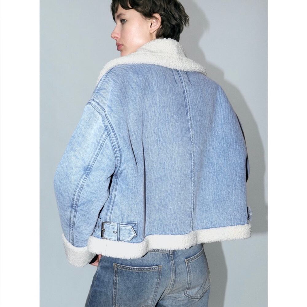 ZARA NEW FAUX SHEARLING BIKER JACKET MOTO DENIM BLUE M MEDIUM 3548/250 - Picture 13 of 16